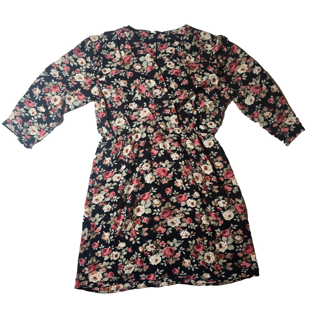 Fraiche by J XL Floral Faux Wrap Dress Black Pink Roses NWT - Picture 4 of 8
